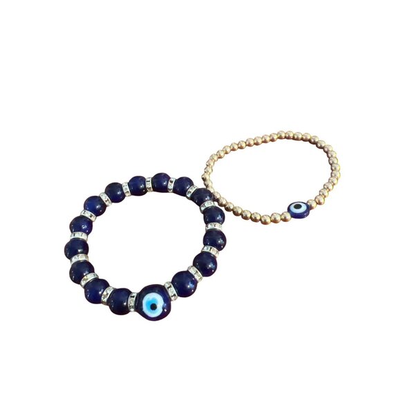 Set of 2 Evil Eye Beaded Bracelet Gold Tone Blue Glass Stretch Stack 6.5" 6.75" - Picture 4 of 5